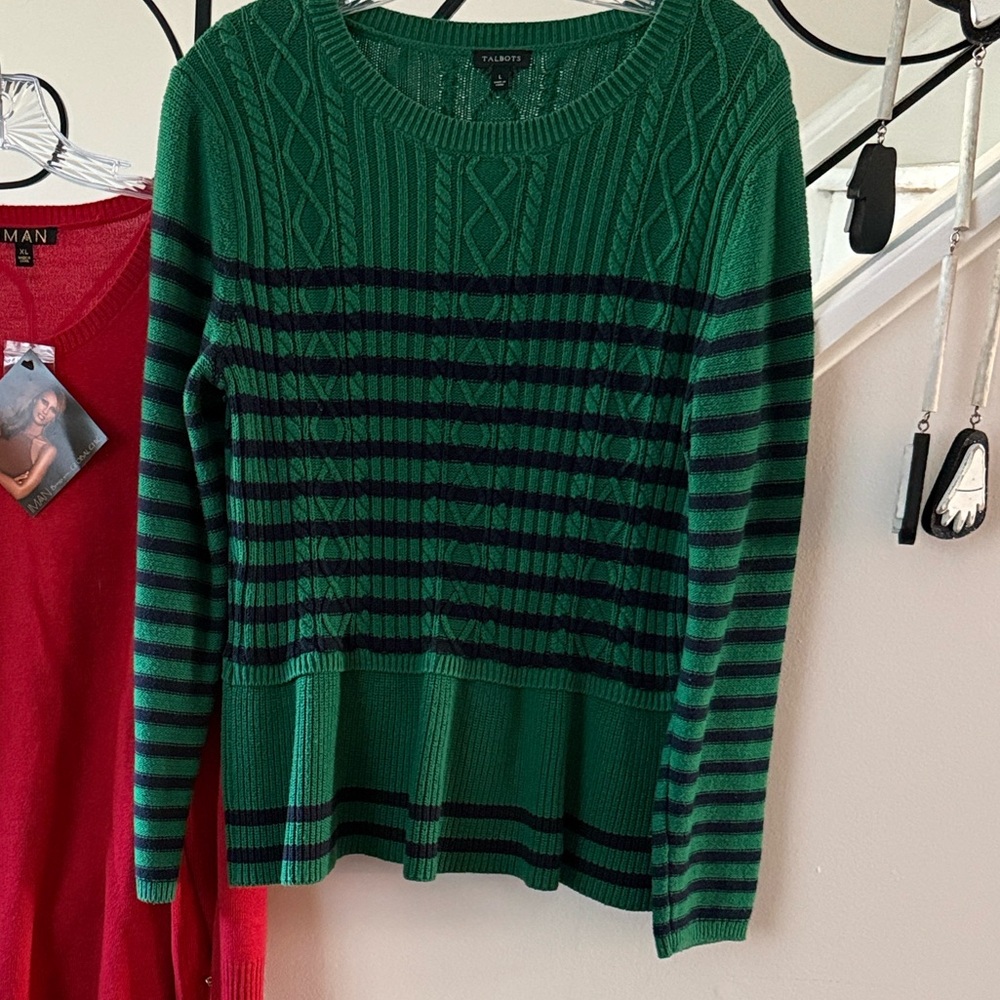 Green and Navy Striped Women's Sweater - Unknown Brand
